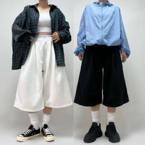 (44-99)UNISEX 토비 투핀턱 와이드 7부 버뮤다 밴딩 트레이닝 팬츠 여름 반바지 커플팬츠 체형커버 하비추천 하체커버 빅사이즈 남여공용