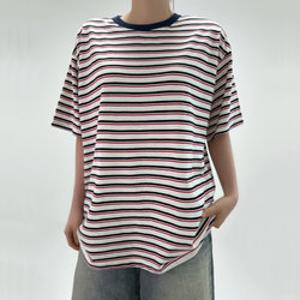 44-99 남녀공용 오버핏 스트라이프 반팔티 단가라 라운드넥 면티 빅사이즈