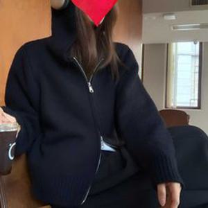 투웨이 집업 후드 니트재질 가디건 긴팔 데일리 패션 여성티셔츠