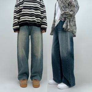 (S~3XL) 숏 기본 롱 로저 빈티지 워싱 와이드 밴딩 하이웨스트 데님 남여공용 빅사이즈 커플 기장선택 키작녀 키큰녀 청바지