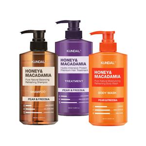쿤달 쿤달 허니앤마카다미아 페어앤프리지아 샴푸+트리트먼트+바디워시 500ml 세트