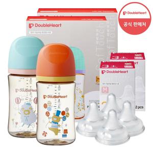 [더블하트] 3세대 240ml 디어프렌즈 트윈팩(젖병4개/노꼭지)+젖꼭지4개