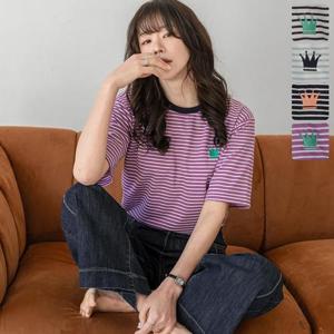 오플레 스트라이프 자수 반팔 티셔츠