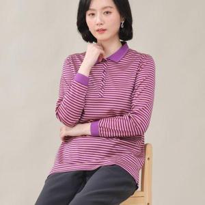 [애비뉴투지]엄마옷 실켓면 단가라 스트라이프 요꼬 카라 단추 오픈 시보리 긴팔 티셔츠 A02439