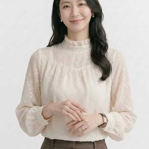 NB3078 여성 로맨틱 반폴라 프릴 퍼프 긴팔 블라우스