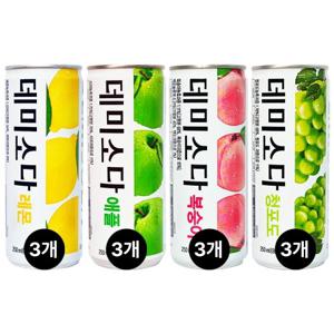 데미소다 4종 3캔씩 12캔 250ml 레몬 애플 복숭아 청포도