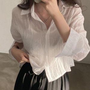 여자 S/S 순면 와이셔츠 1P 세미크롭 장팔 와이셔츠 바캉스룩 아사면 WFLF3NK