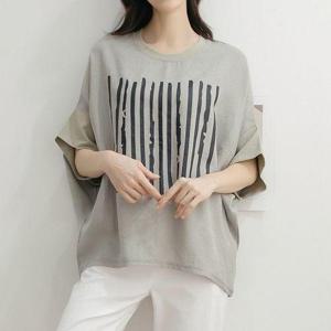 [드리다]엄마옷  미시 여성 여름 린넨 루즈핏 가오리 박스 5부 반팔 티셔츠 40-50대 중년여성 베이지 카..