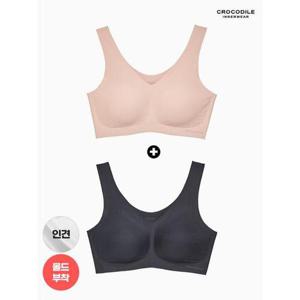 [크로커다일 이너웨어]라이크라 인견쉘론 V넥 심리스브라 2종 베이지+블랙