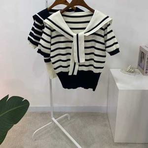 한키 스트라이프 세일러 카라 스트랩 반팔 니트 2color