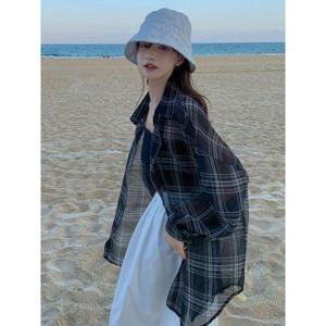 [하젤]프리즈 시스루 체크 롱셔츠_M3980