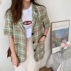 [기타브랜드]네쥬 여성 여름 루즈핏 데일리 예쁜 반팔 린넨 체크 자켓