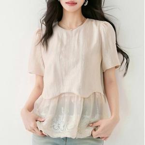 [패션시그널] 투톤레이스밑단 라운드넥 썸머 블라우스 442B50