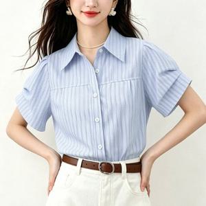 [블랙퀸] 퍼프소매 스트라이프 반팔셔츠 blk004713