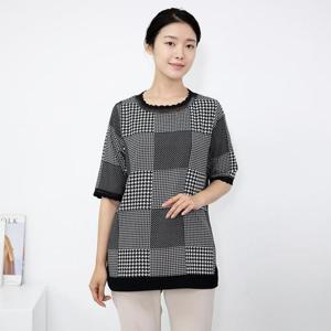 엄마옷 체크 라운드 반팔 티셔츠 614BNM454 중년여성/50대/60대/마담/빅사이즈/할머니옷