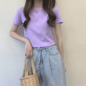여자 데일리 무지 오버 크롭 반팔티셔츠 LDW-TSH-SSIS473-연보라