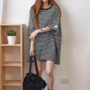 여성 엉덩이덮는 반팔롱티셔츠 박스티 스트라이프