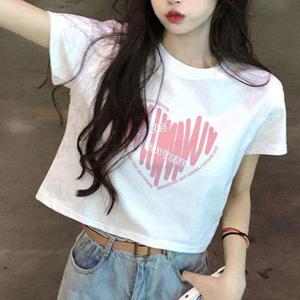 여자여름티 하트 레터링 프린팅 여자 반팔 세미 크롭 여름 티셔츠