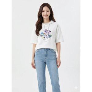 [크로커다일레이디]아이보리 플라워 프린팅 메쉬소매 반팔 후드티셔츠 CLCMTS124