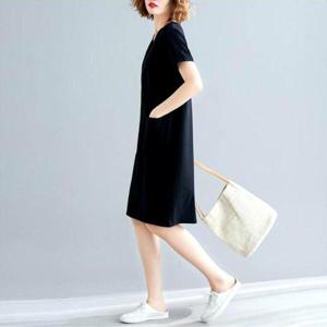 여자 데일리 편한 깔끔 무지 브이넥 반팔 미디 원피스 WB126D9