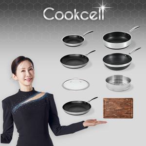 블랙큐브 쿡셀 홀로그램큐브팬 실속세트(프라이팬22cm, 프라이팬28cm, 소테팬28cm)+ 궁중팬28cm+프라이팬28cm+28찜기+28유리뚜껑+쿡셀 엔드그레인 도마