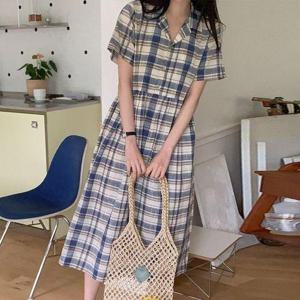 [보리맘]린넨 체크 카라 주름 여름 롱 원피스