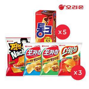 롯데x오리ON 맛잘알 모음팩 (찍먹 나쵸 치폴레 3개+포카칩 오리 3개+포카칩 어니언 3개+스윙칩 고추장 3개+통크 5개)