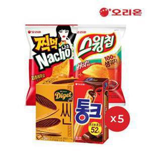 [딜크릿] 오리온 단짠밸런스팩 (나쵸 치폴레마요 5개+스윙칩 볶음고추장 5개 + 통크초코 5개 + 다이제씬 5개)