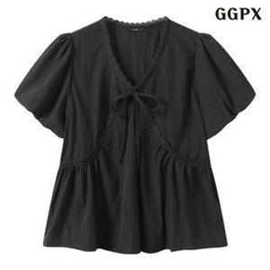 리본 포인트 브이넥 소매 벌룬 반팔 블라우스 (GQBBA003D)