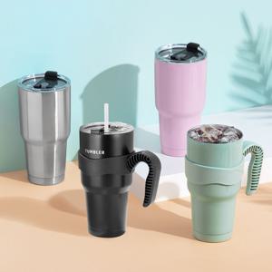 1+1 900ml 컬러 스텐 텀블러 이중진공 빨대 손잡이 보냉보온 휴대용 물통