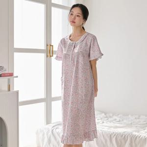 수채화 무드 여성 냉감 면레이온 반팔 원피스 잠옷 5409D
