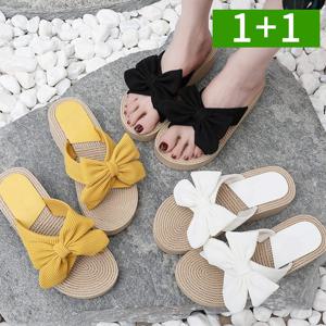 1+1 통굽 여성여름샌들 5cm 키높이 슬리퍼 리본 신발