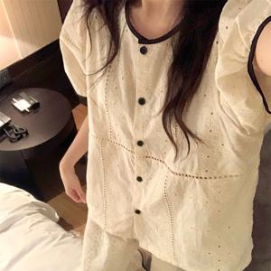 반팔 긴바지 잠옷 세트 플뢰르 꽃자수 펀칭 퍼프 홈웨어 1color