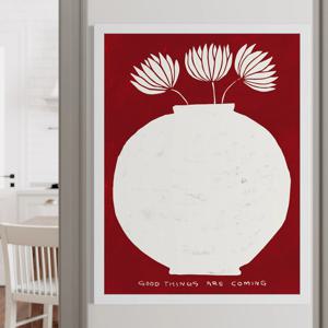 좋은 일이 생길꺼야 풍수 인테리어 달빛꽃과 달항아리 그림 액자 RED