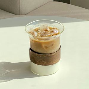 1+1 우드 컵홀더 플라워 내열 유리컵 카페 유리잔 400ml