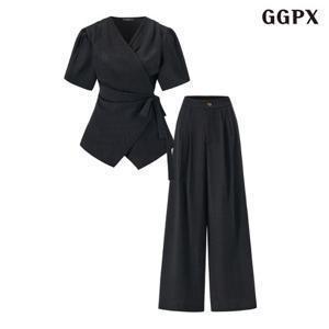 GGPX [7% 쿠폰 적용가 : 42,428원] 랩스타일 V넥 블라우스 롱 팬츠 셋업 (GQBOW003D)