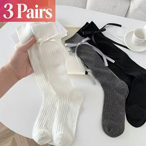 TEMU 여성 및 소녀용 3켤레 세트 리본 장식 발목 양말 - 귀여운 발레 스타일의 슬라우치 JK 양말, 세탁기 세척 가능한 단색 타이 장식, 댄스, 캐주얼 복장용 - 블라우스와 잘 어울리는 발목 길이의 신축성 있는 레이스 양말