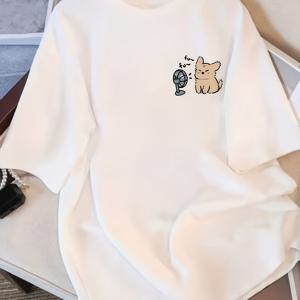 TEMU 헤어드라이어를 불고 있는 아기 고양이 프린트 크루넥 티셔츠, 캐주얼 스포티 여성용 봄/여름 반팔