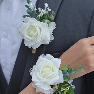 TEMU 미적인 장미 꽃무늬 숲 스타일 코사지 및 손목 코사지 세트 2개, 신랑, 신부, 남성용으로 적합, 신부 들러리 웨딩 장식, 디너 파티, 무도회, 기념일용