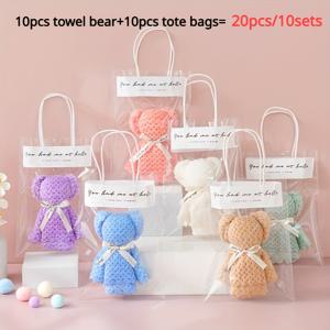 TEMU 곰 타월 선물 세트 20개/10세트(곰 타월 10개+토트백 10개), 투명 가방 타월 기념품 선물 - 결혼식 답례품용 선물 동반자, 크리스마스, 결혼식, 생일 선물용으로 완벽