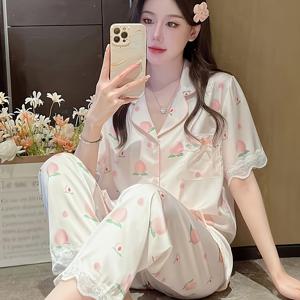 TEMU 여름 여성용 얇은 파자마, 반팔, 한국 스타일의 복숭아 레이스 트림, 스위트 페이크, 섹시한 라운지웨어 세트