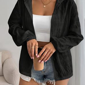 TEMU 편안함 | 여성용 경량 화이트 후드 재킷 - 캐주얼 플리츠 디자인, 지퍼 잠금, 긴소매, 세탁기 사용 가능 - 사계절용 다용도 아우터