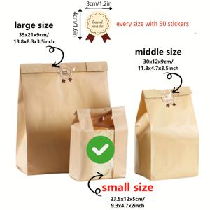 TEMU 50개 크라프트 종이 빵 봉투 (창문 포함), 3가지 사이즈 (소/중/대)로 제공, 포장 용품 (라벨 실링 스티커 포함), 베이킹 제품 보관용 일회용 식품 포장, 추수감사절 & 새해 보관에 적합