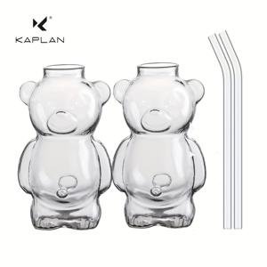 TEMU 곰 모양 고붕황수산 유리컵 2개 세트, 빨대 포함, 야외 캠핑, 가정, 레스토랑, 바에서 커피컵, 물컵, 주스컵, 밀크티컵으로 사용 가능. 재사용 가능, 손세척 전용 - 가족 모임과 휴일에 이상적인 선택, 발렌타인데이, 카니발, 부활절, 어머니의 날 선물용으로 완벽. KAPLAN