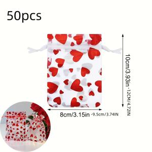 TEMU 50개 빨간 하트 끈끈이 오간자 백 - 목걸이 & 팔찌 보관 파우치, 선물 포장 백, 웨딩 파티 선물 봉투, 감성 선물 주머니