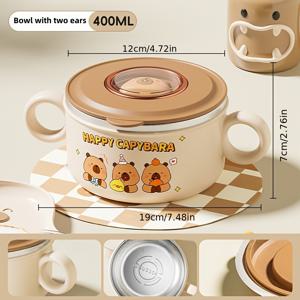 TEMU 1개 400ML 양손잡이 밥그릇 국그릇 스낵그릇 야채 샐러드 그릇 304 스테인리스 스틸 이중 레이어 그릇 단열 미끄럼 방지 만화 패턴 뚜껑 포함 그릇