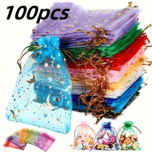 TEMU 여자/남자 선물 ITECHJOY 100개 달 별 오간자 드로스트링 백 - 생생한 혼합 색상, 골드 별과 달 장식, 투명 주얼리 사탕 선물 가방 (결혼식, 크리스마스, 발렌타인데이, Eid, 라마단) - 장식 파티 파우치