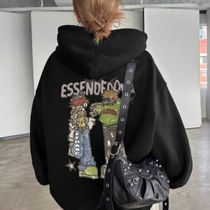 TEMU 세련된 여성용 후드티. 만화 캐릭터 프린트와 영어 글자가 돋보이는 이 제품은 스트리트웨어에 완벽합니다. 두꺼운 기모 안감의 풀오버는 캐주얼한 외출을 위한 트렌디하고 독특한 아이템입니다.