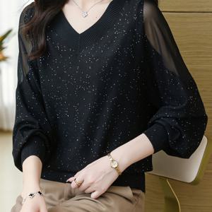 TEMU 여성 브이넥 니트 스팽글 반짝이 시스루 망사 배색 가오리핏 루즈핏 체형커버 페미닌 하객룩 출근룩 데이트룩 고급스러운 풀오버 블랙