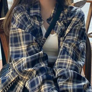 TEMU 여성 봄가을 루즈핏 얇은 패션 캐주얼 부드러운 체크 셔츠 코트 심플 편안한 통근 긴팔 오버핏 남방 상의 아우터 슬림소녀